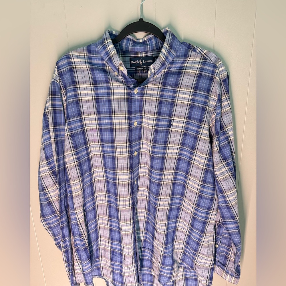 Ralph Lauren Men's Blue and White Plaid Shirt